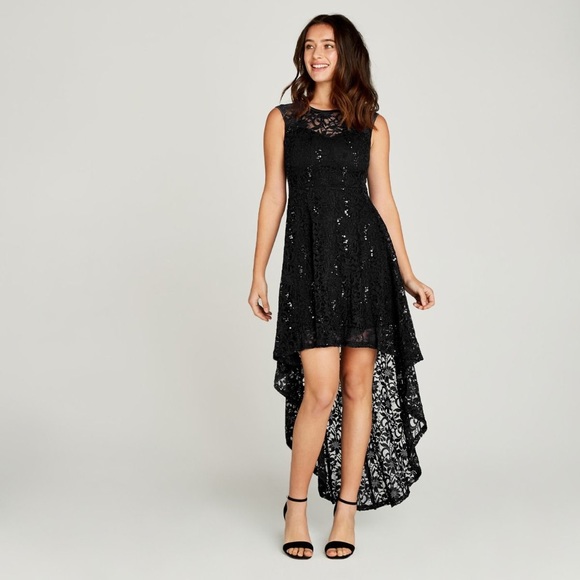 High Low Black Sequin Lace Party Dress - Picture 1 of 8